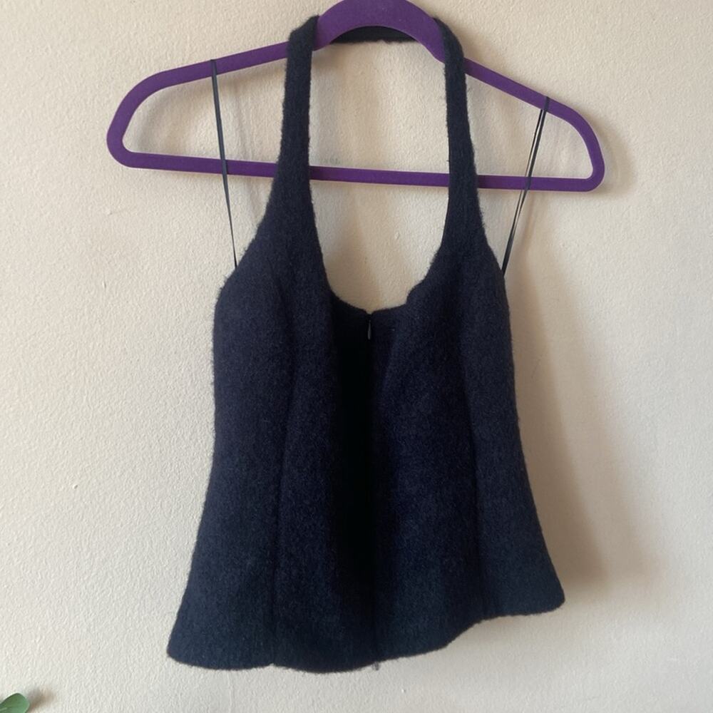 New Zara Black Fuzzy Zip Front Halter Top Small Cropped Open Back Summer Sexy - Picture 2 of 6